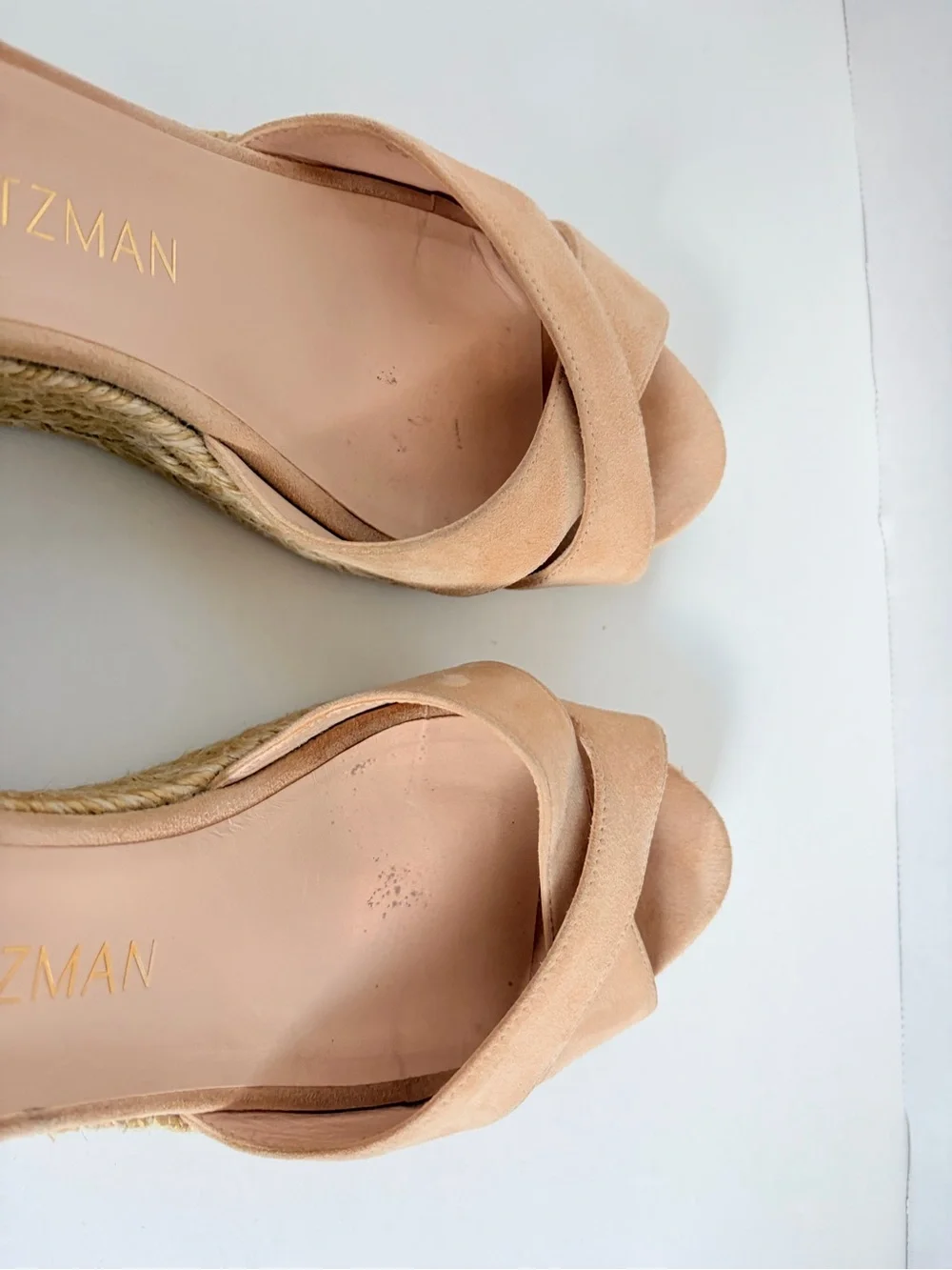 Stuart Weitzman Espadrille Wedge Sandals Platform Suede Raffia Tan Beige Size 9 - Picture 12 of 14